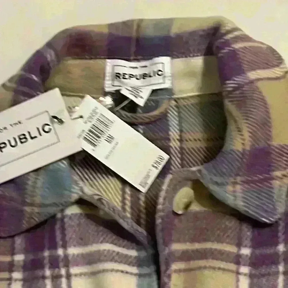 For The Republic Plaid Cropped jacket purple blue beige size medium -flannel - Picture 5 of 11